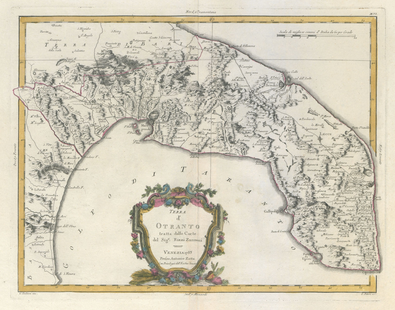 "Terra d'Otranto…". Southern Puglia. Taranto, Brindisi & Lecce. ZATTA 1784 map