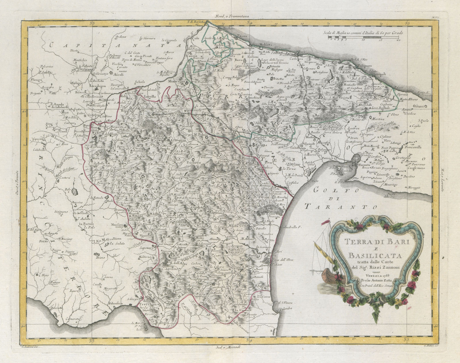 "Terra di Bari e Basilicata…". Apulia / Puglia. ZATTA 1784 old antique map