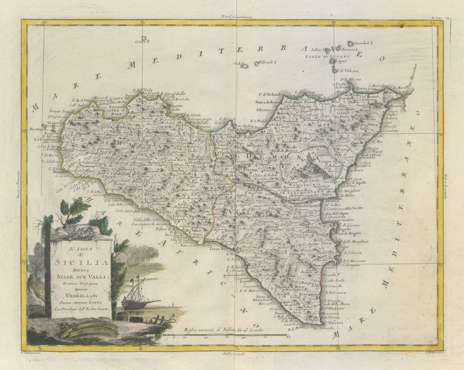 "L'Isola di Sicilia divisa nelle sue Valli". Sicily. ZATTA 1784 old map