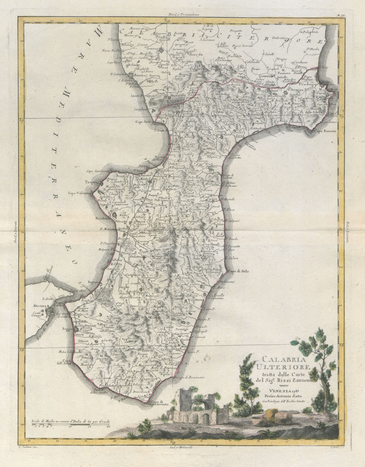 "Calabria Ulteriore…". Upper Calabria. ZATTA 1784 old antique map plan chart