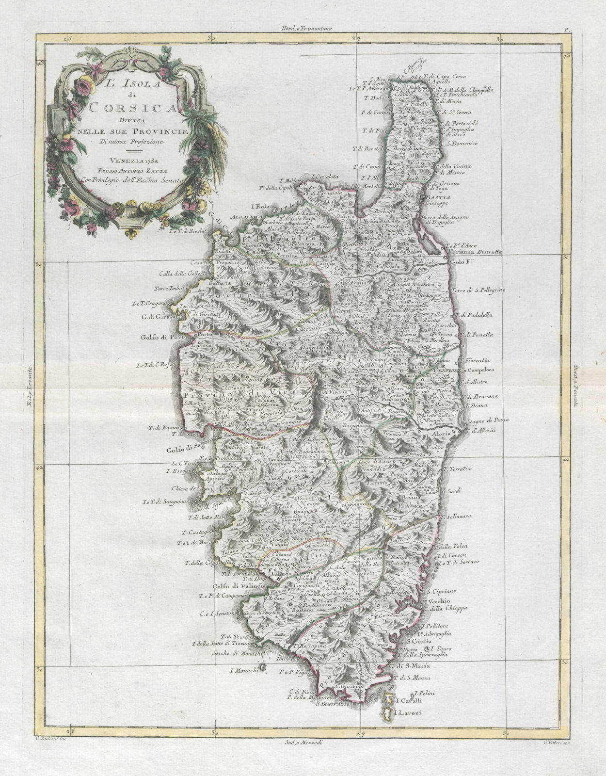"L'Isola di Corsica divisa nelle sue provincie". ZATTA 1784 old antique map