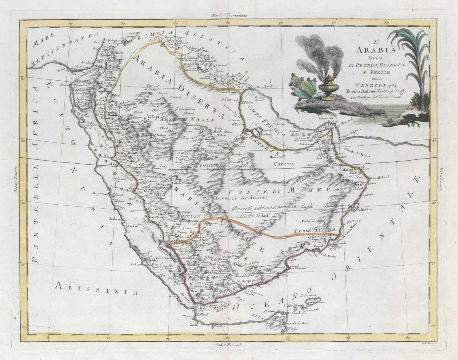 "L'Arabia divisa in Petrea, Deserta e Felice". Arabian Peninsula. ZATTA 1785 map