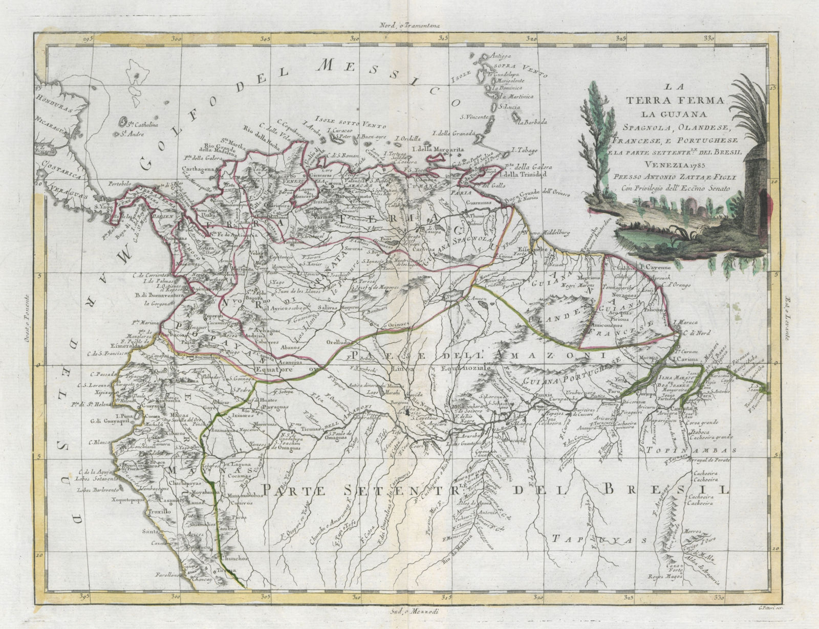 "La Terra Ferma, la Gujana…". Venezuela Colombia Ecuador Guianas. ZATTA 1785 map