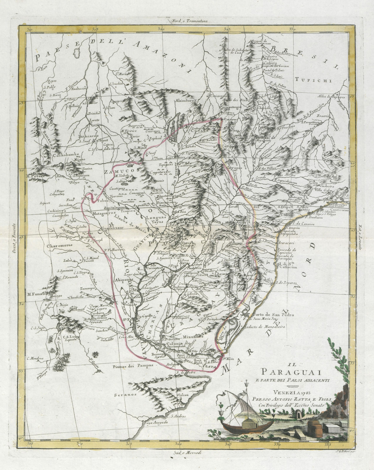 "Il Paraguai e parte dei paesi adiacenti" Uruguay Paraguay Brazil ZATTA 1785 map