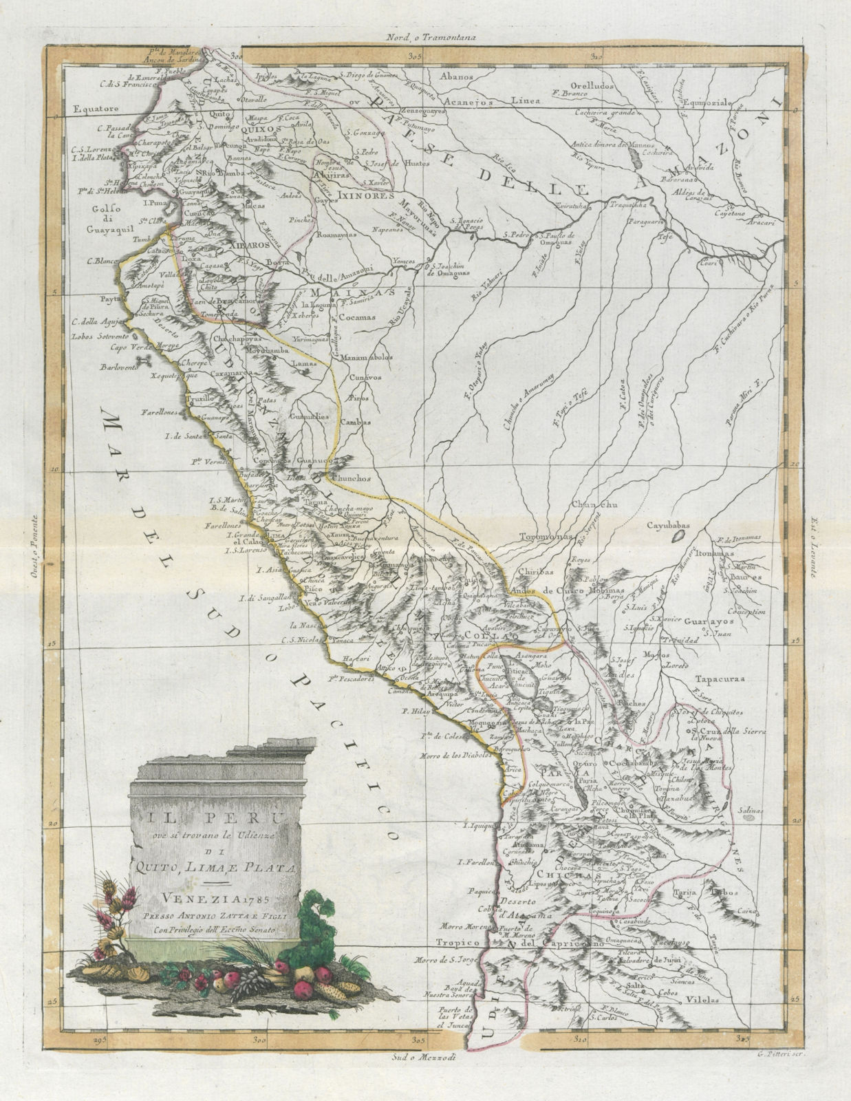 "Il Peru ove si trovano le Udienze di Quito, Lima e Plata" Andes. ZATTA 1785 map