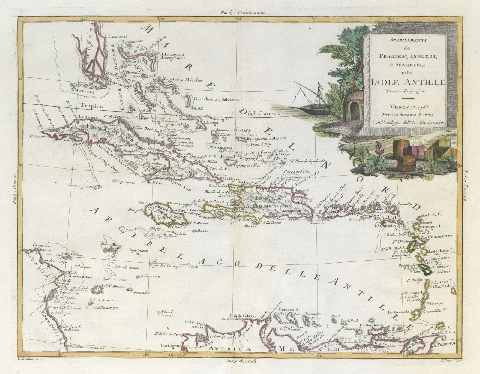 "Stabilimenti de Francesi, Inglesi… isole Antille". Caribbean. ZATTA 1785 map