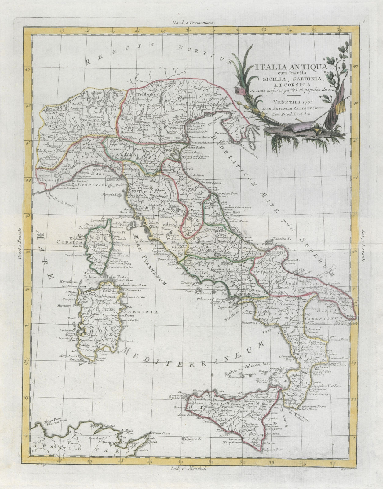 "Italia Antiqua cum insuli Sicilia, Sardinia…". Ancient Italy. ZATTA 1785 map