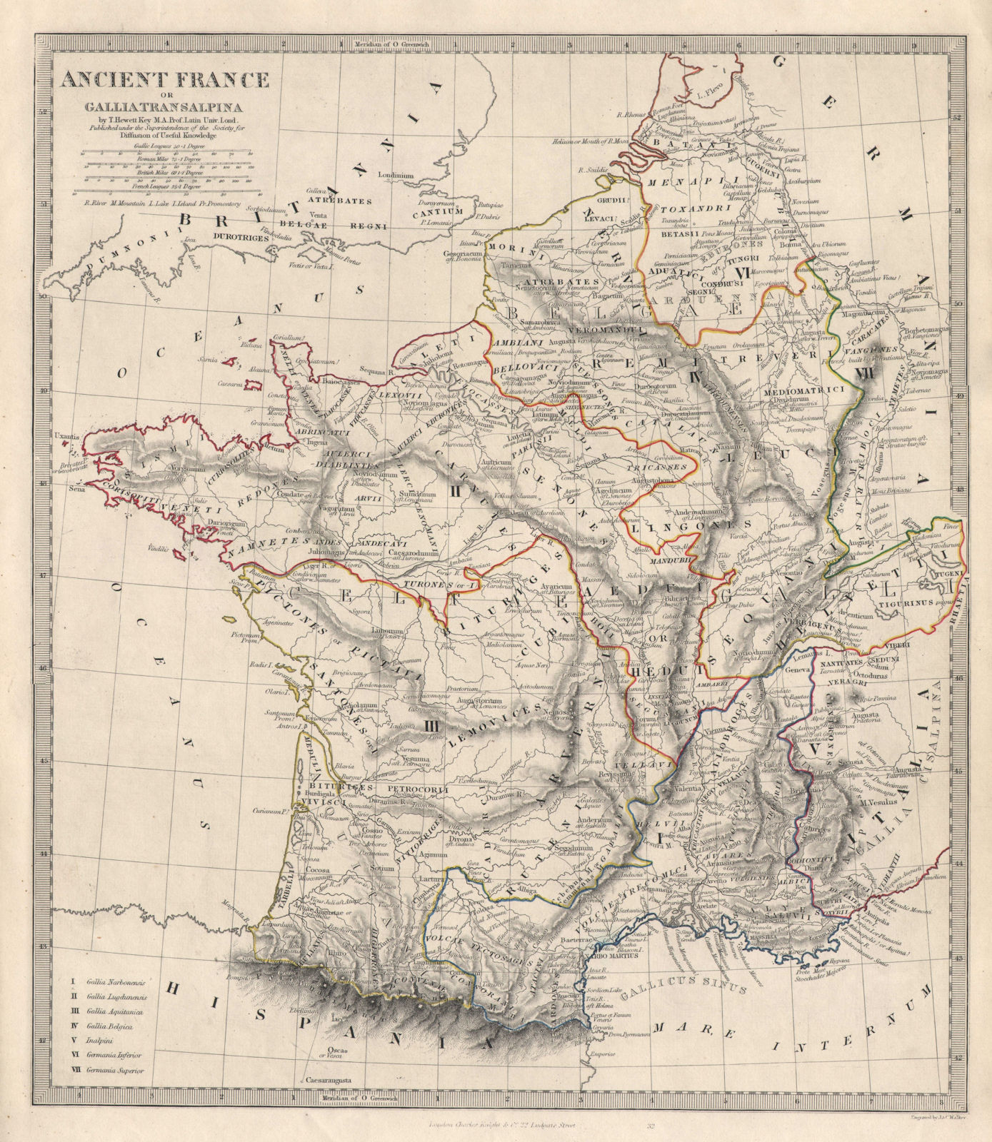 ANCIENT ROMAN FRANCE GAUL. Gallia Transalpina. Roman roads names. SDUK 1846 map