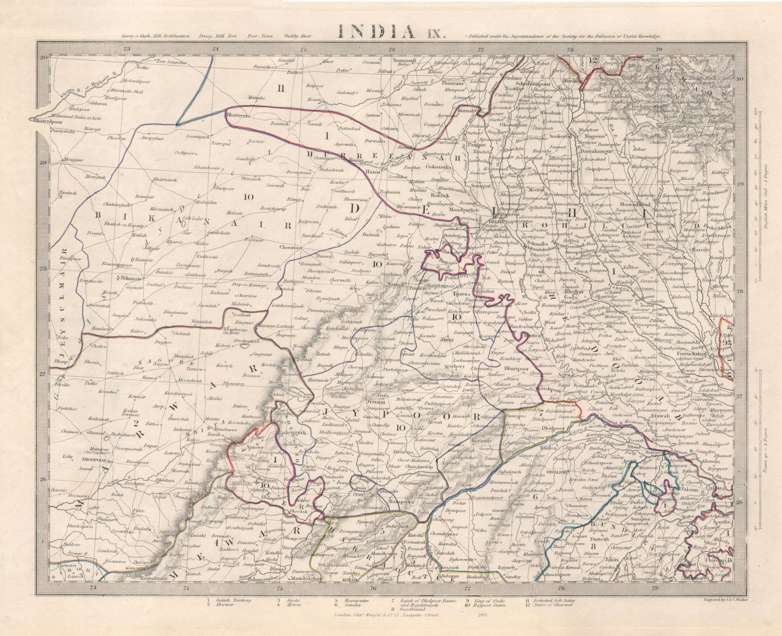 INDIA IX. RAJASTHAN Delhi Jaipur Marwar Mewar Bikaner Bundelkhand. SDUK 1846 map