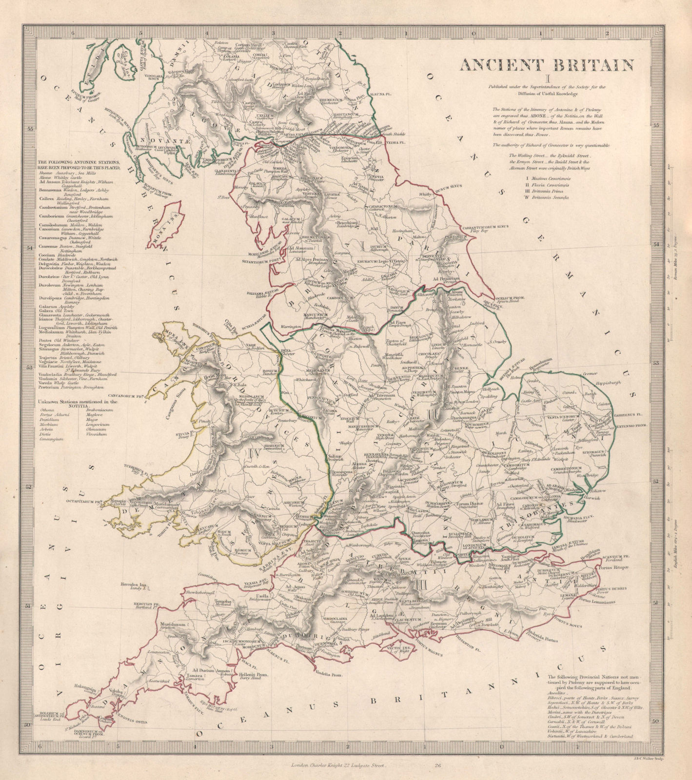 ANCIENT BRITAIN. England & Wales. Roman road & town names. Ptolemy SDUK 1846 map