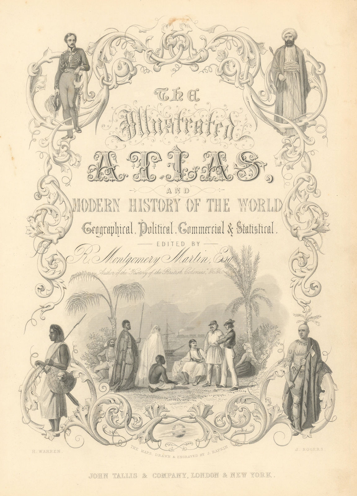 TALLIS ILLUSTRATED ATLAS TITLE PAGE. Figures represent four continents 1851