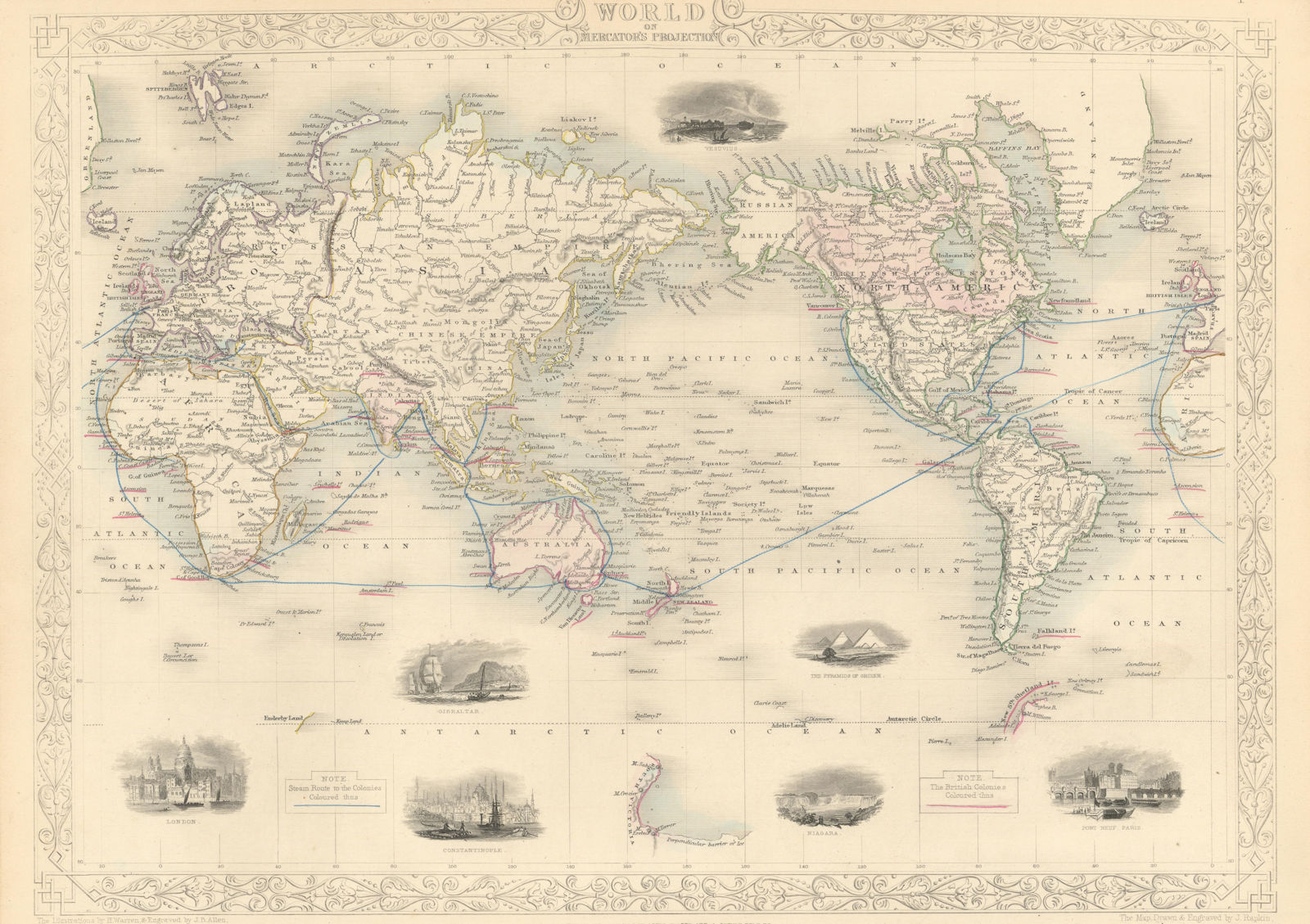 BRITISH EMPIRE. Shows steam routes to the colonies.World. RAPKIN/TALLIS 1851 map