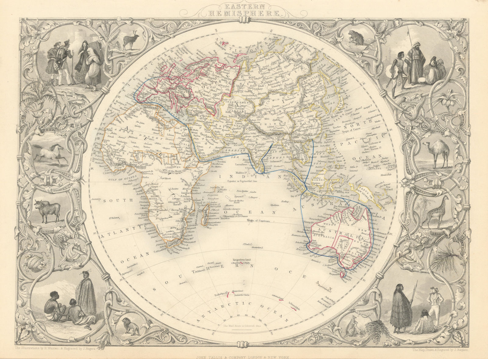 EASTERN HEMISPHERE.Shows mail routes to British colonies. RAPKIN/TALLIS 1851 map