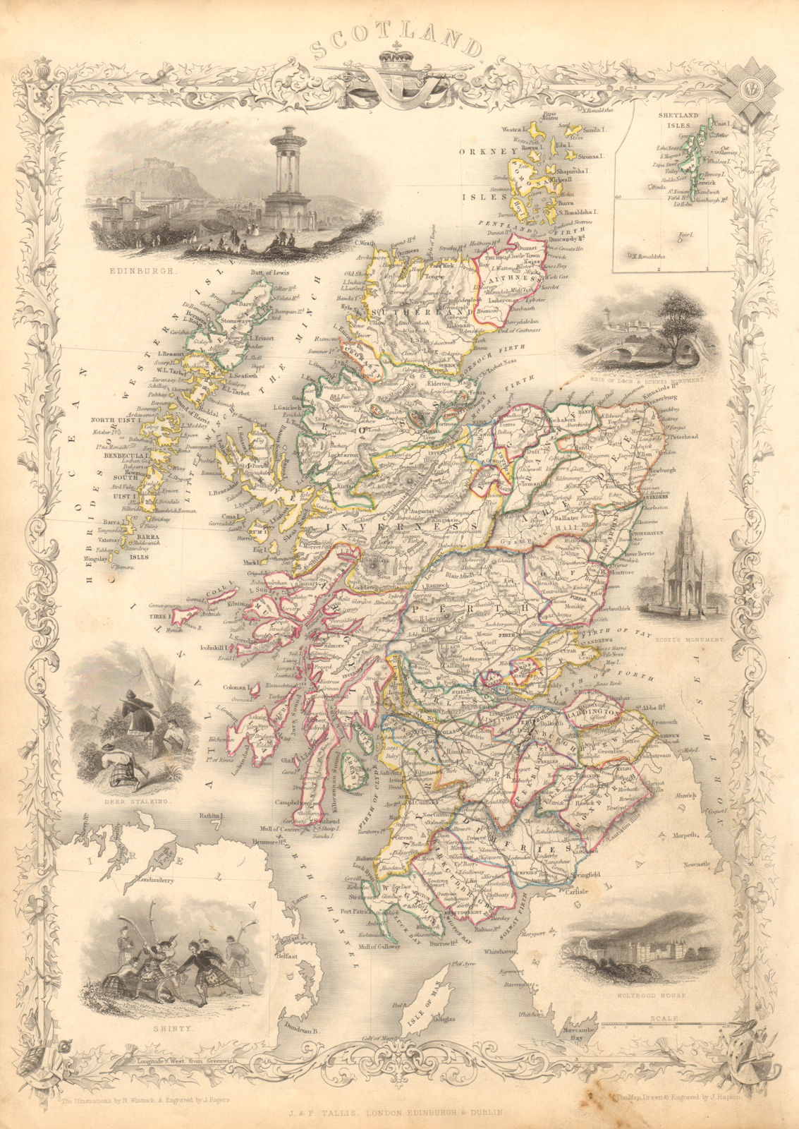 SCOTLAND. Edinburgh Shinty & Holyrood views. Counties. TALLIS & RAPKIN 1851 map