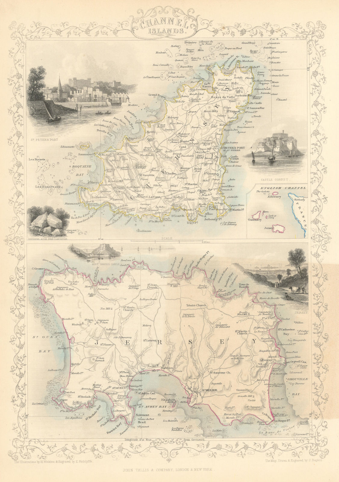 CHANNEL ISLANDS. St Peter Port view. Jersey & Guernsey. TALLIS & RAPKIN 1851 map