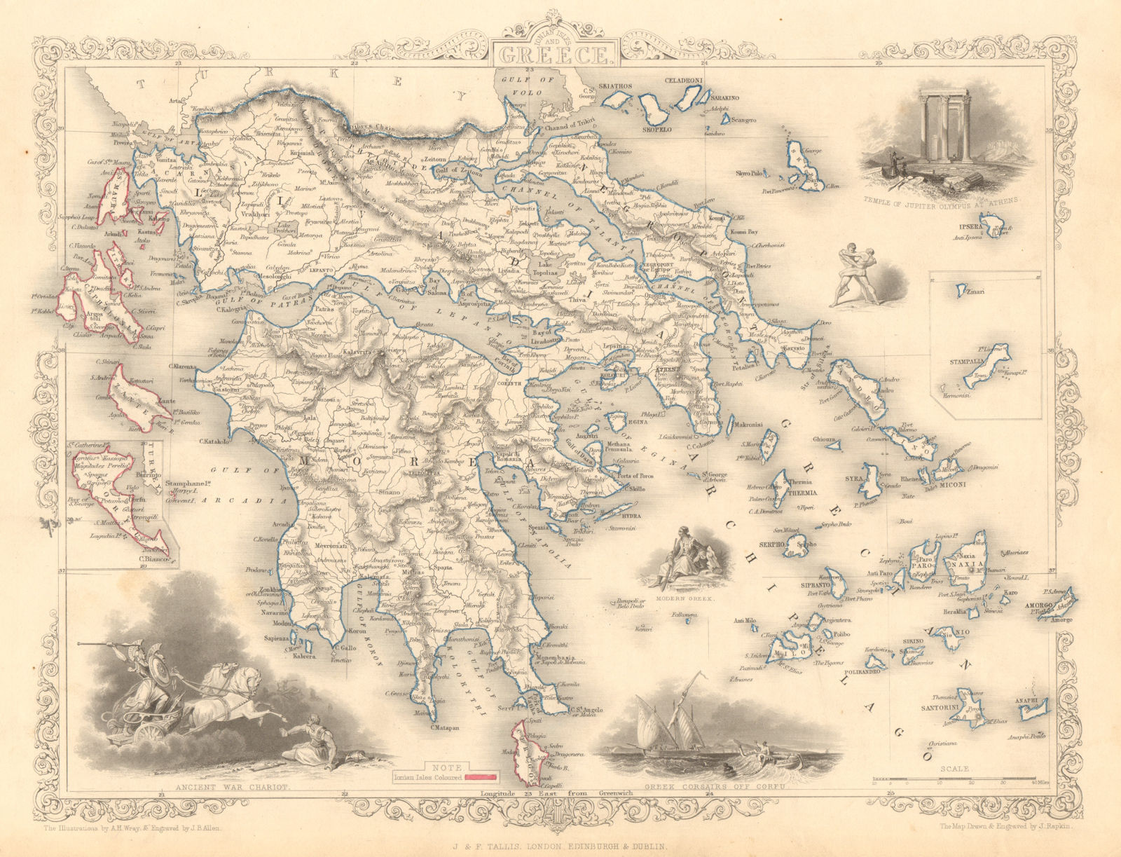 GREECE. Shows United States of the Ionian Islands (pink) RAPKIN/TALLIS 1851 map