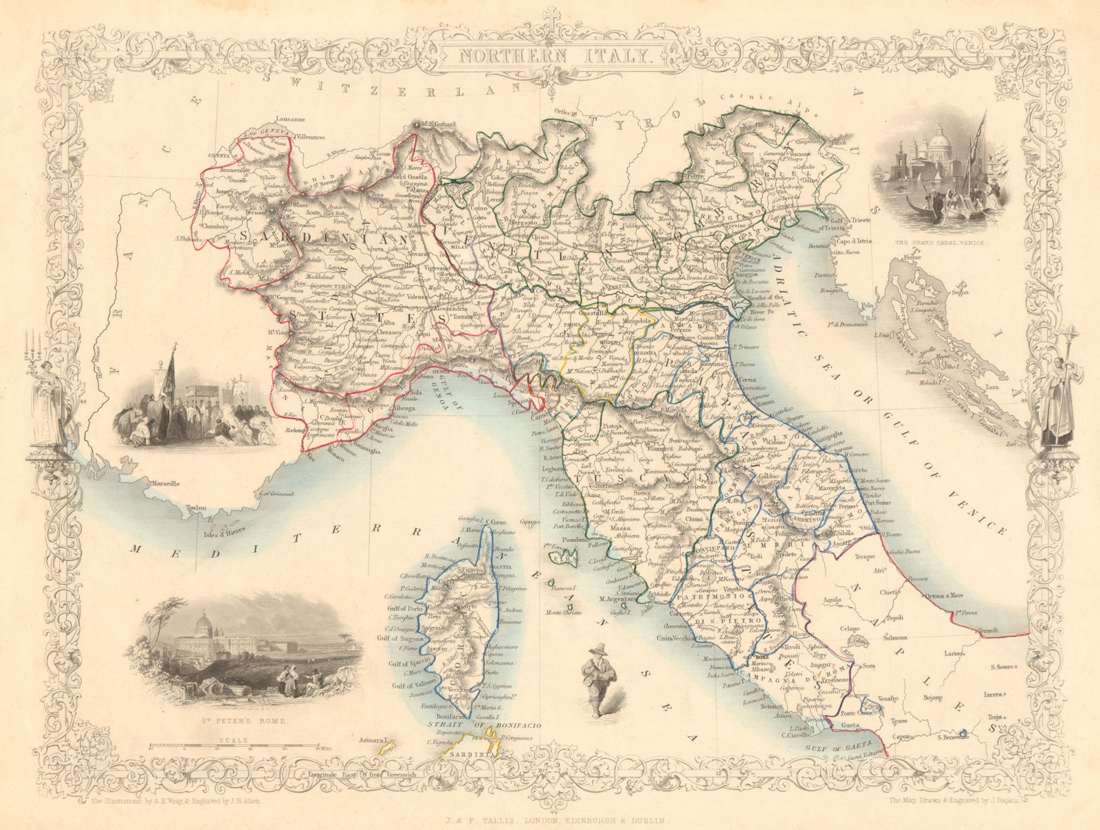 NORTHERN ITALY. Sardinian/Papal States.Venetian Lombardy. RAPKIN/TALLIS 1851 map