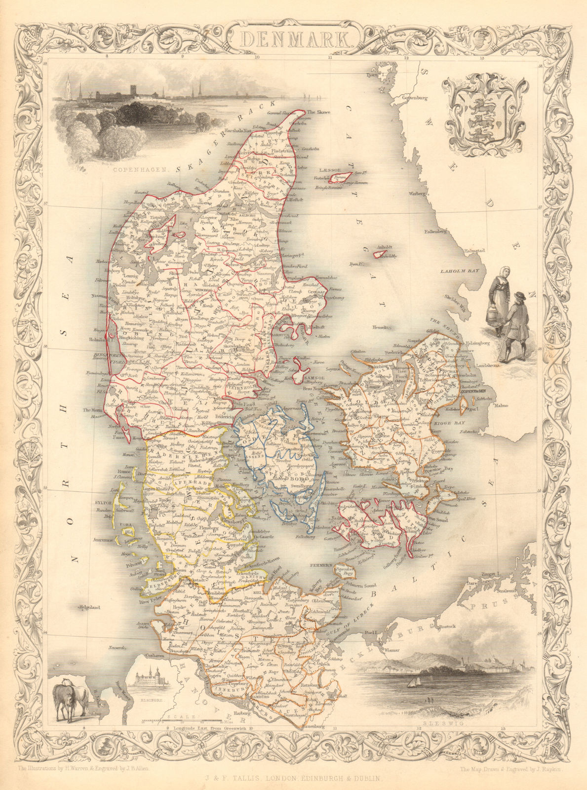 Associate Product DENMARK. including Schleswig-Holstein/Slesvig-Holsten. TALLIS & RAPKIN 1851 map