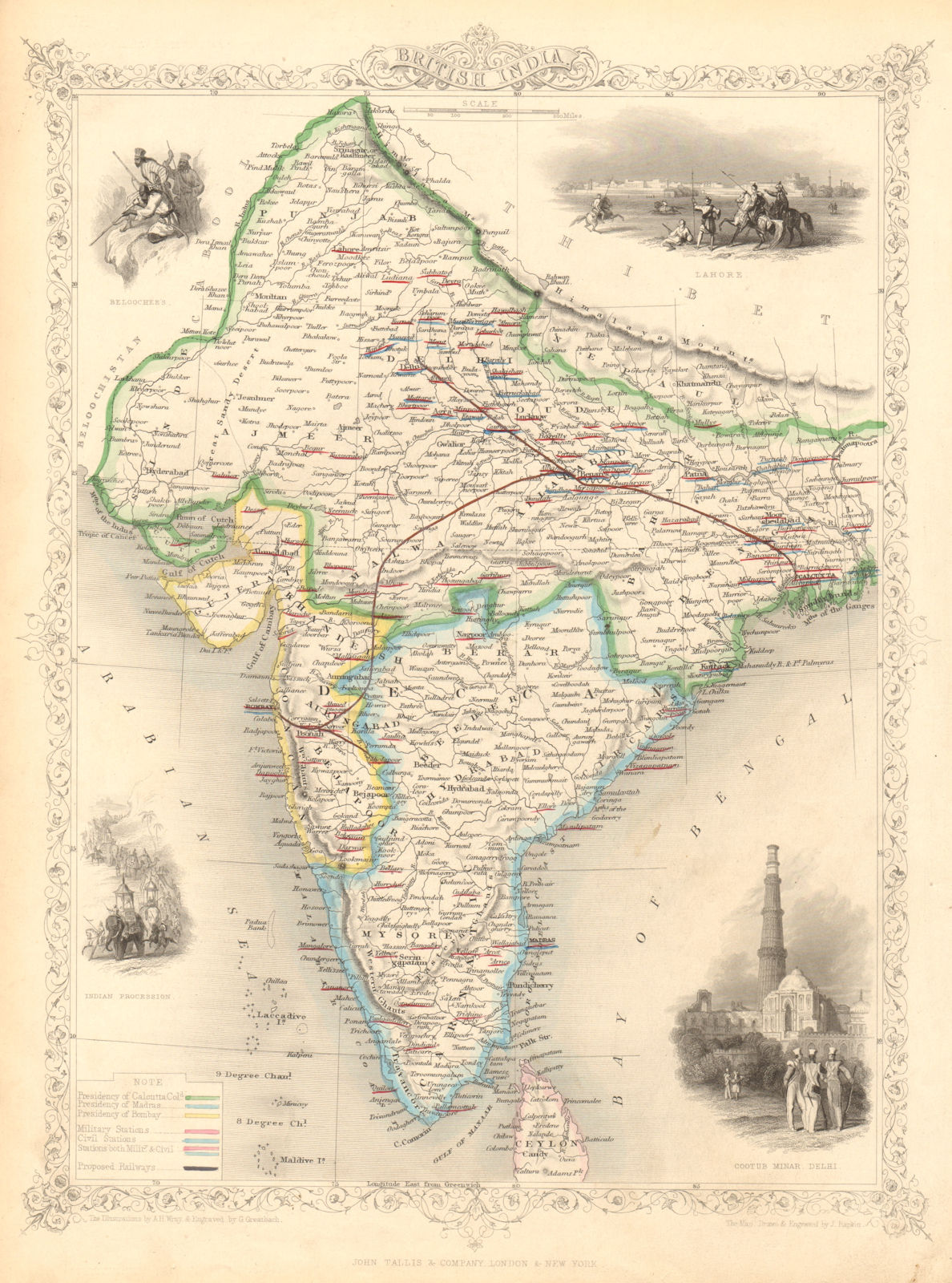 BRITISH INDIA. shows 'Proposed Railways'. Military bases. RAPKIN/TALLIS 1851 map