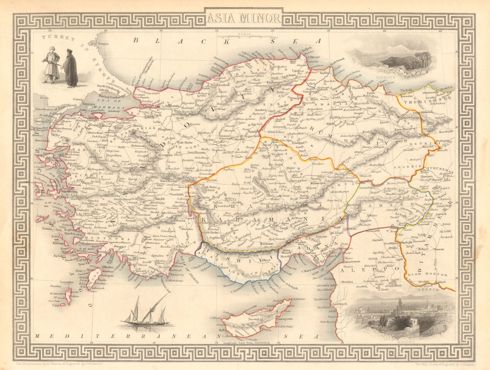 ASIA MINOR. Turkey Cyprus Dodecanese. Rhodes view. TALLIS & RAPKIN 1851 map