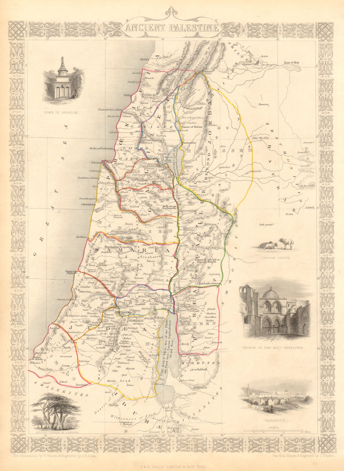 ANCIENT PALESTINE. 12 tribes of Israel. Levant Jordan. TALLIS & RAPKIN 1851 map
