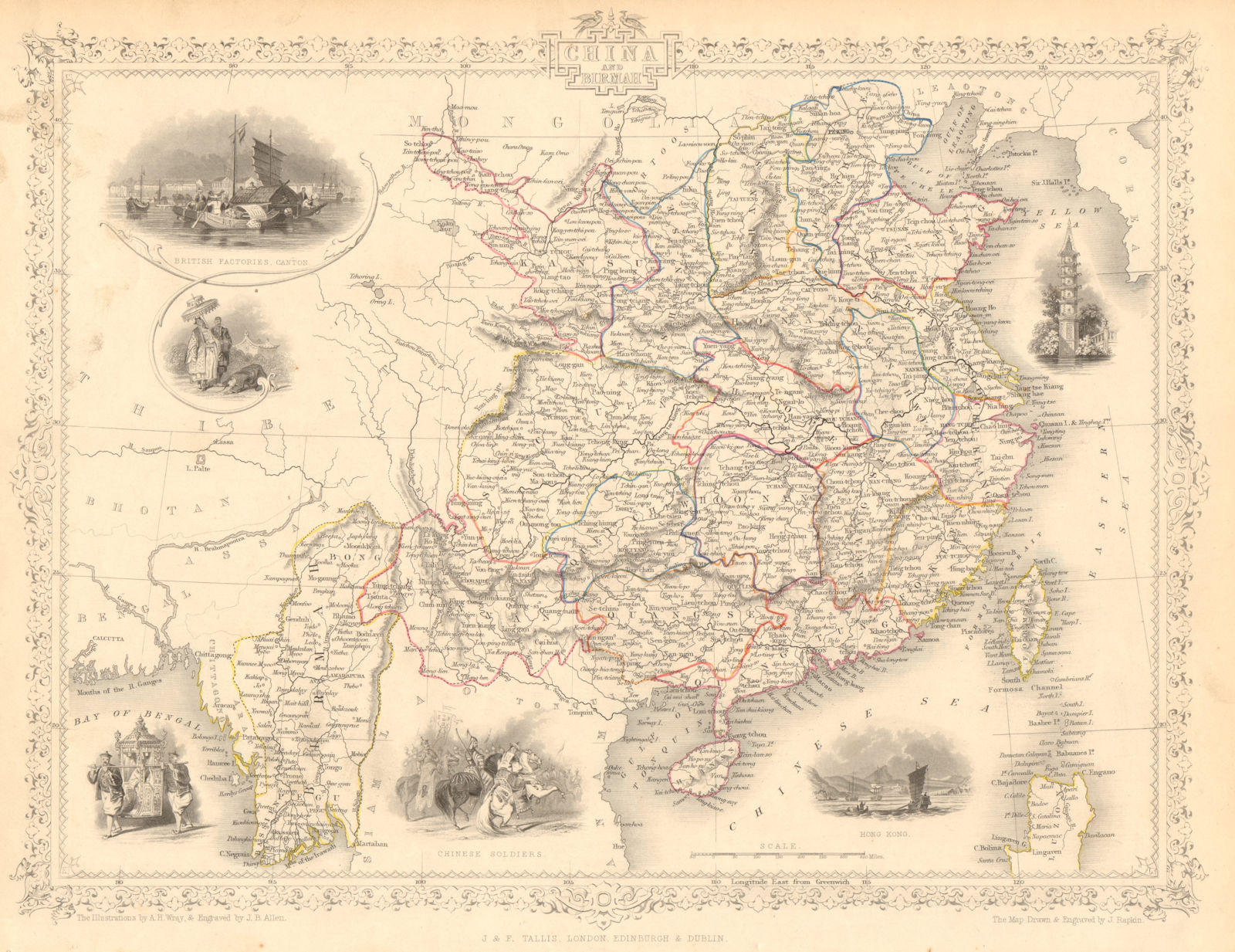 CHINA & BURMAH. Hong Kong vignette. Burma Formosa Taiwan. RAPKIN/TALLIS 1851 map
