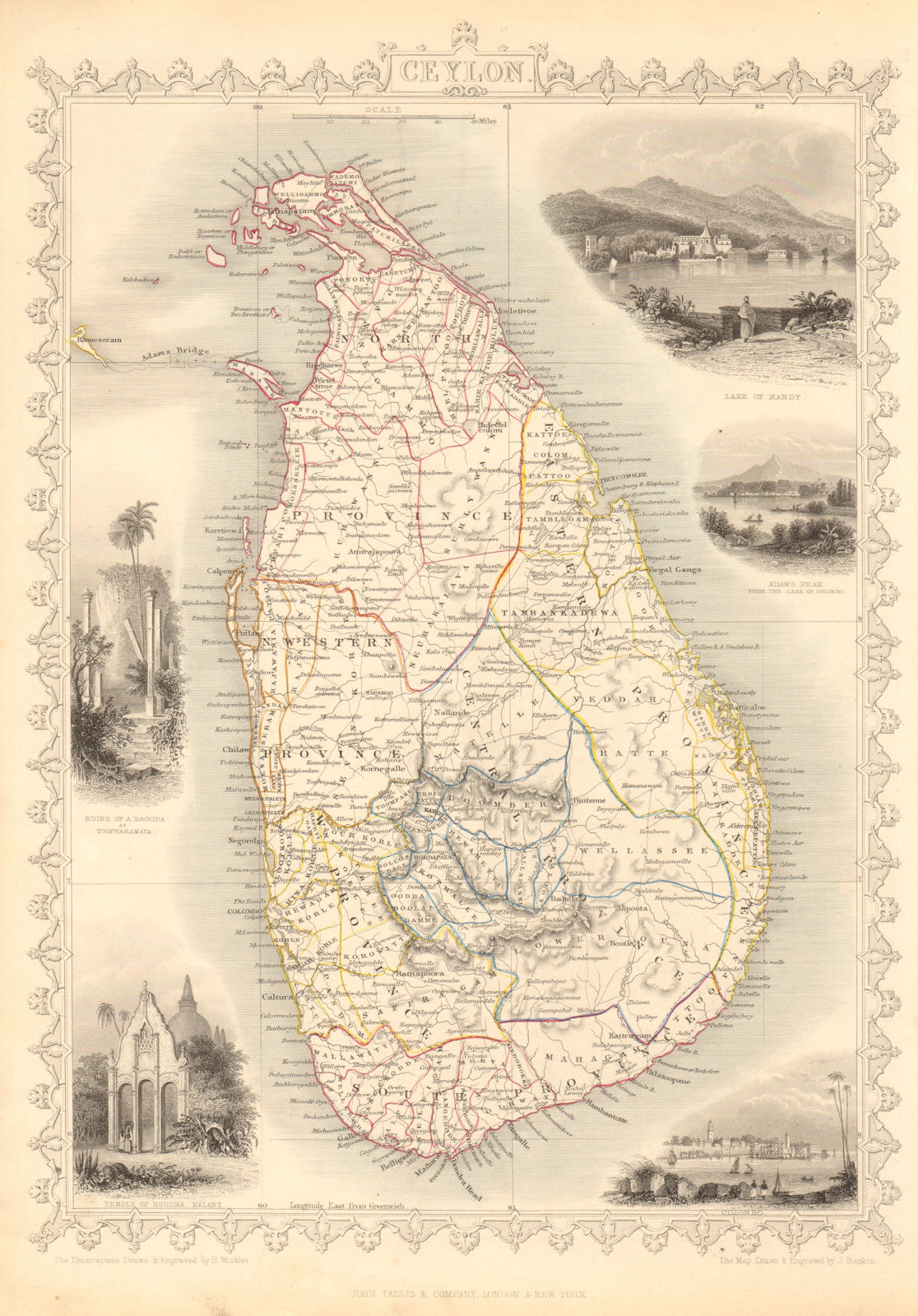CEYLON. in provinces. Kandy & Colombo views. Sri Lanka. TALLIS & RAPKIN 1851 map