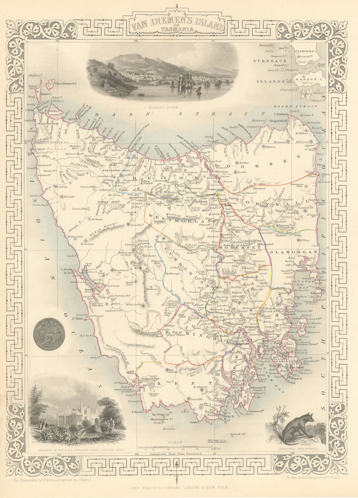 VAN DIEMEN'S ISLAND OR TASMANIA. Shows extinct Thylacine. RAPKIN/TALLIS 1851 map