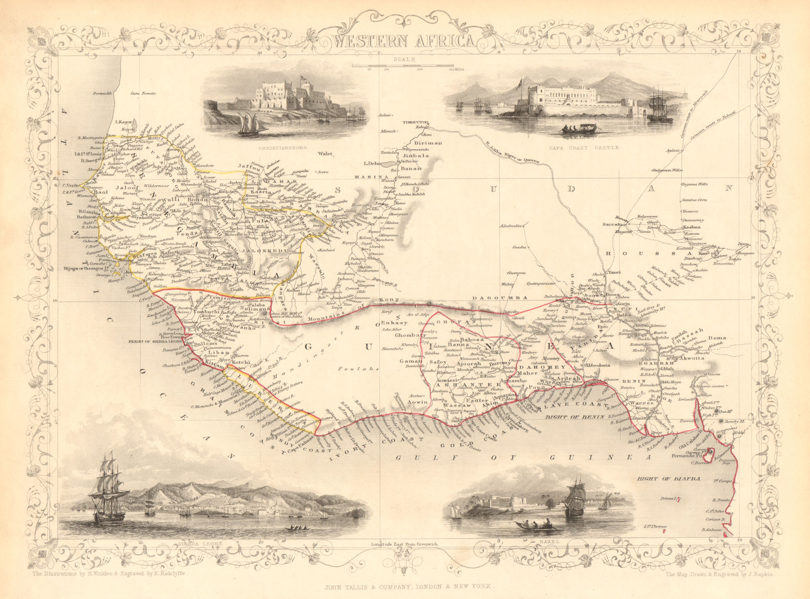 WESTERN AFRICA.Kong Mountains.Caravan routes.Slave Coast. RAPKIN/TALLIS 1851 map