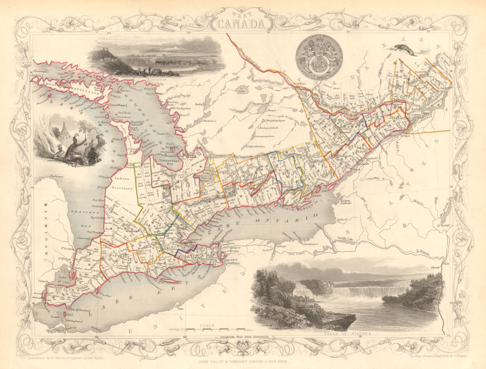WEST CANADA. Southern Ontario. Shows 'Indian territory' TALLIS & RAPKIN 1851 map