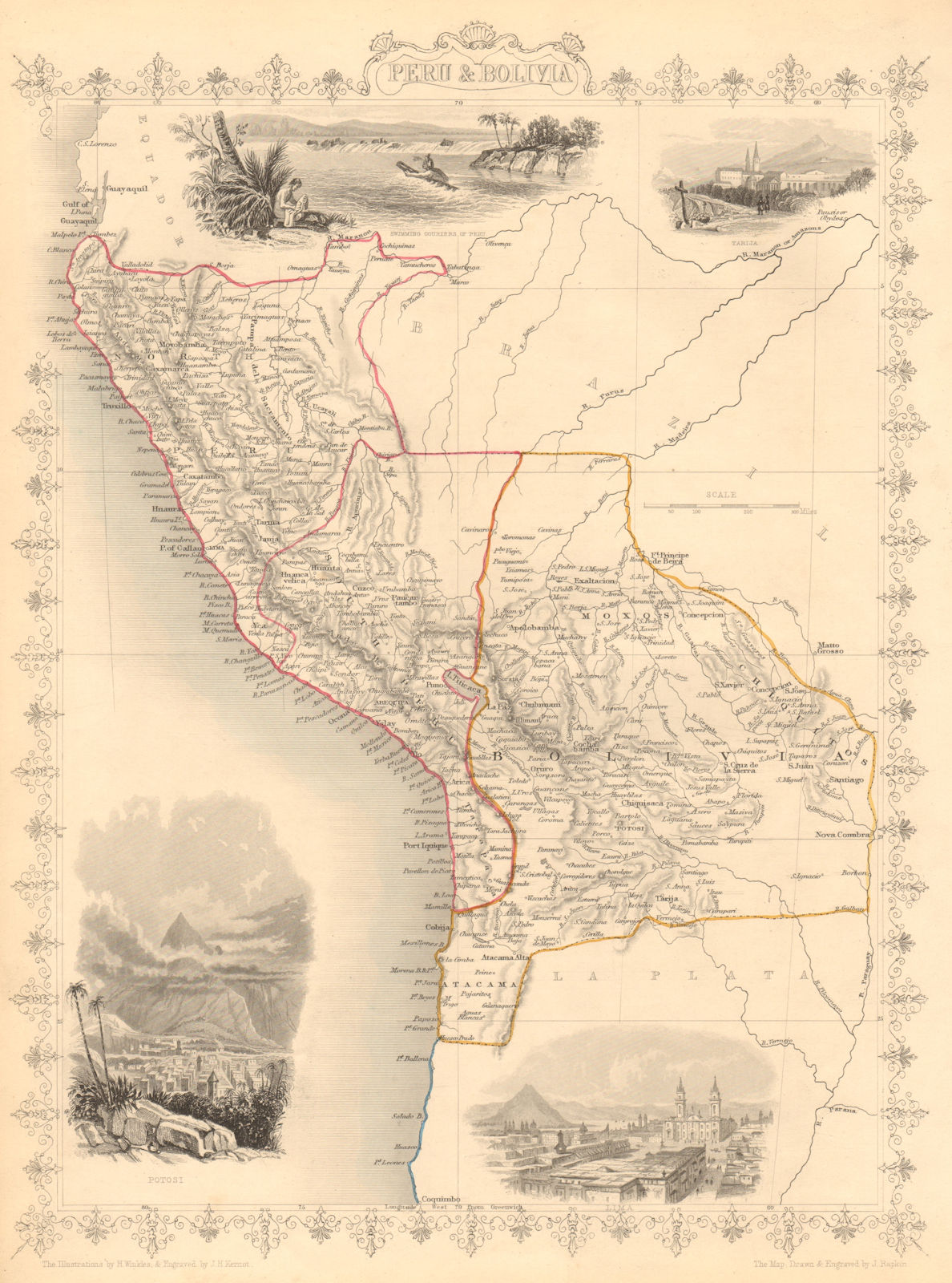 PERU & BOLIVIA. Bolivia with Atacama litoral.Potosi view RAPKIN/TALLIS 1851 map