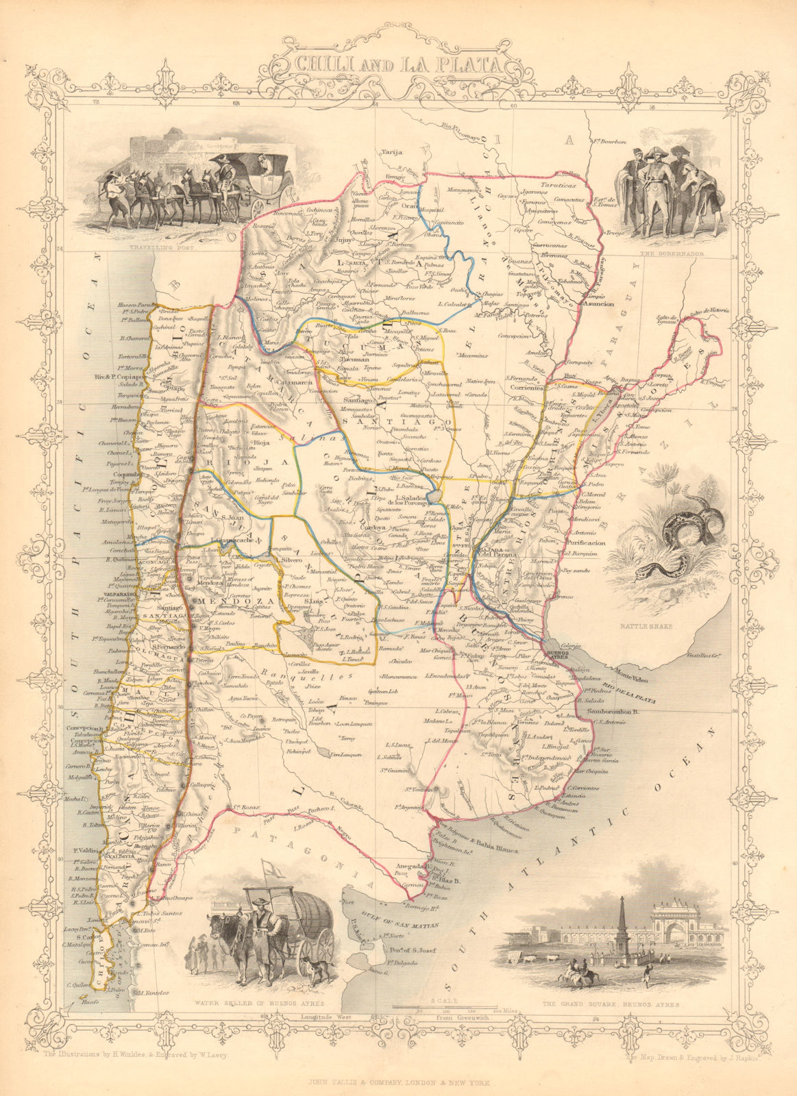 CHILI AND LA PLATA. Central Chile & Argentina. TALLIS & RAPKIN 1851 old map