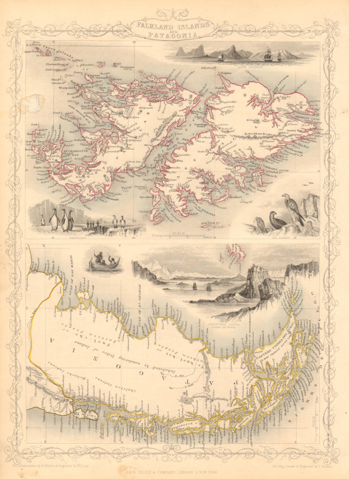 FALKLAND ISLANDS & PATAGONIA. Cape Horn.Tierra del Fuego. RAPKIN/TALLIS 1851 map