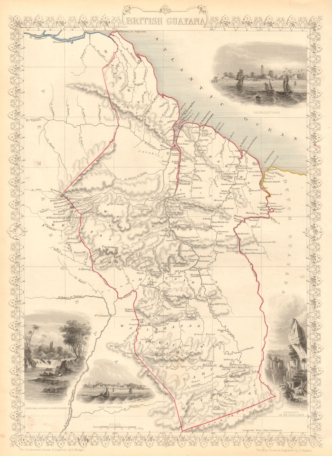 BRITISH GUAYANA. Georgetown vignette. Guiana Guyana. TALLIS & RAPKIN 1851 map