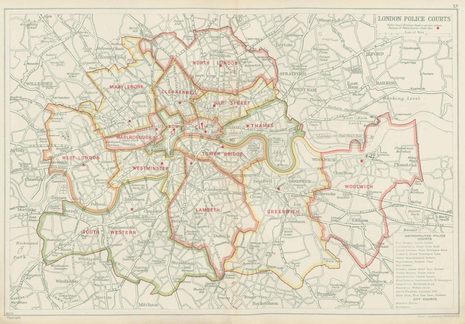 Associate Product LONDON POLICE COURTS. Showing divisions & court locations. BACON 1934 old map