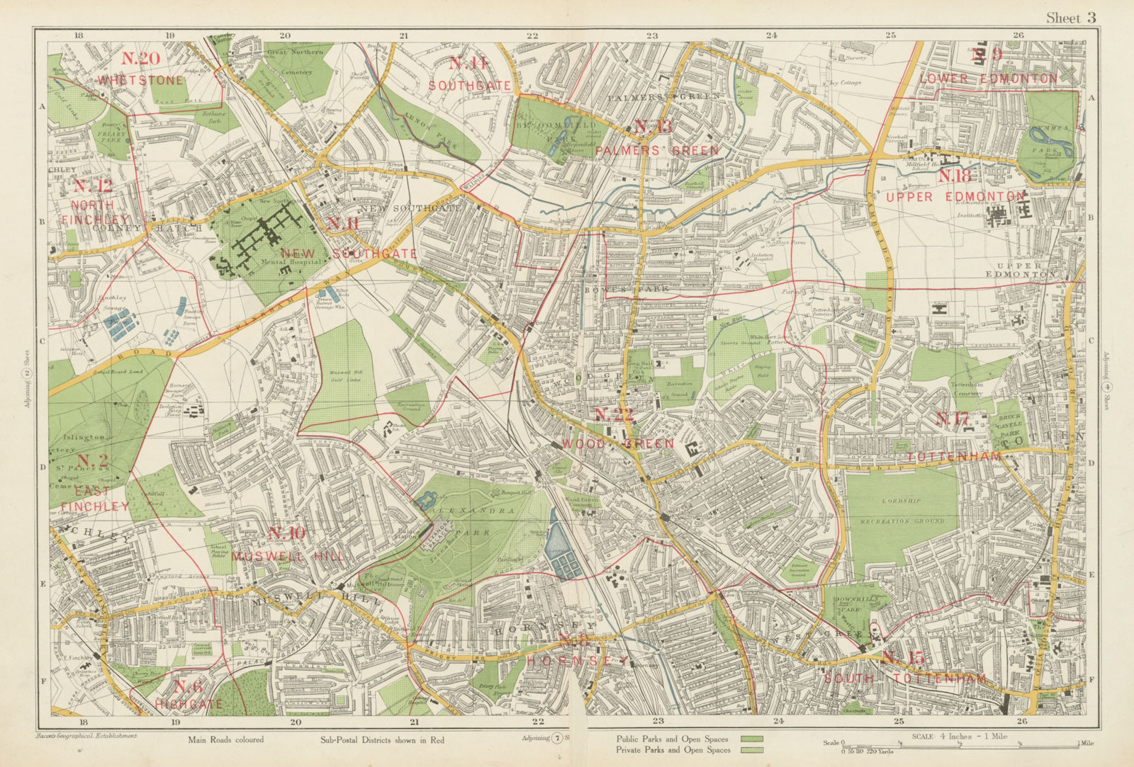 N LONDON Hornsey Edmonton Muswell Hill Southgate Tottenham. BACON 1934 old map