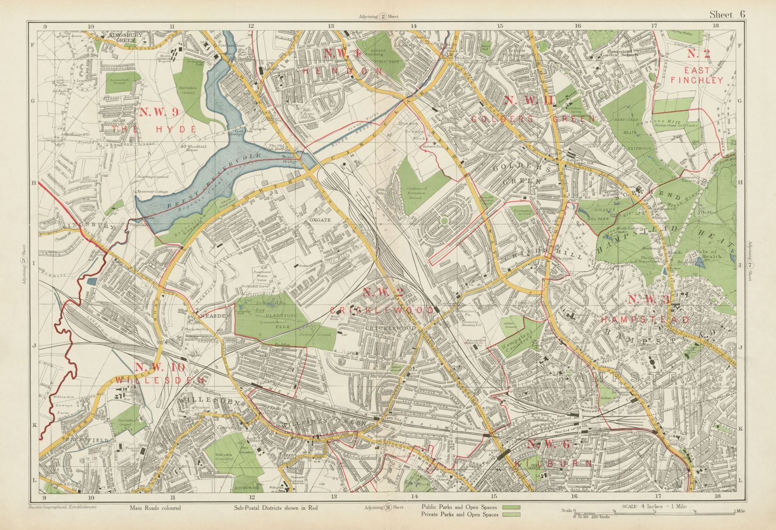 NW LONDON Cricklewood Hampstead Hendon Willesden Golders Green. BACON 1934 map