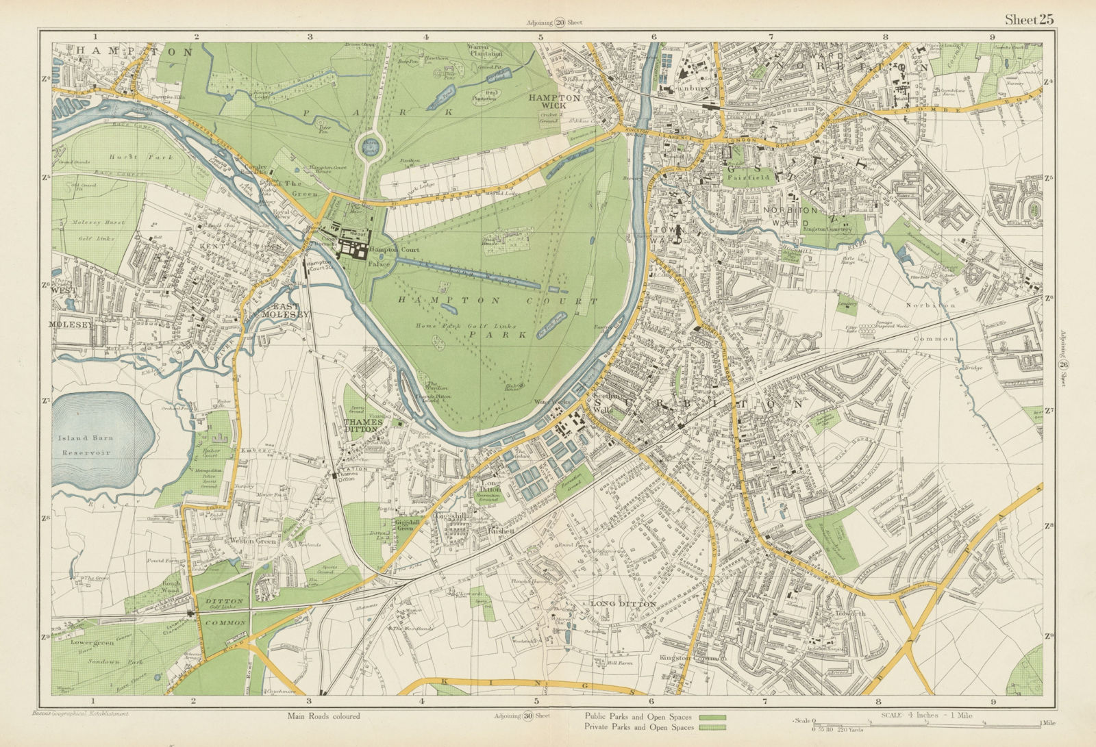 KINGSTON-UPON-THAMES Surbiton Molesey Hampton Court Thames Ditton.BACON 1934 map