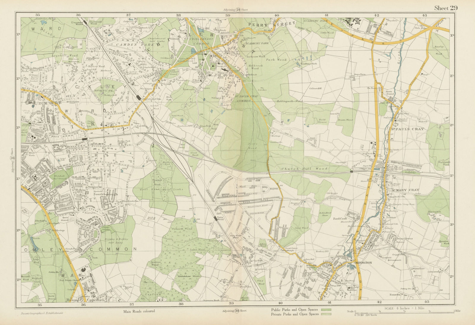 BROMLEY & ORPINGTON Chislehurst Petts Wood St Paul's Mary Cray. BACON 1934 map