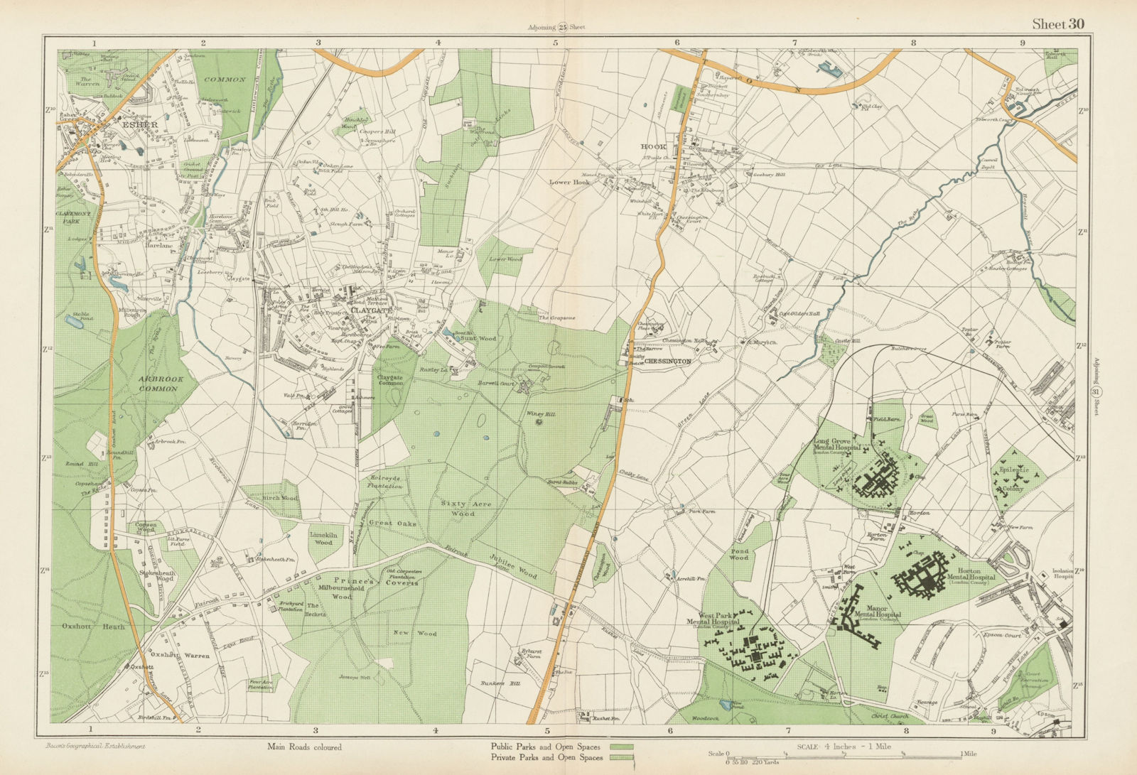ESHER/EWELL Epsom Claygate Oxshott Hook Chessington Hinchley Wood.BACON 1934 map