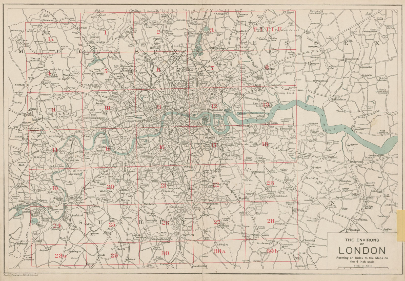 GREATER LONDON ENVIRONS. General Index map to 4 inch scale maps. BACON 1919