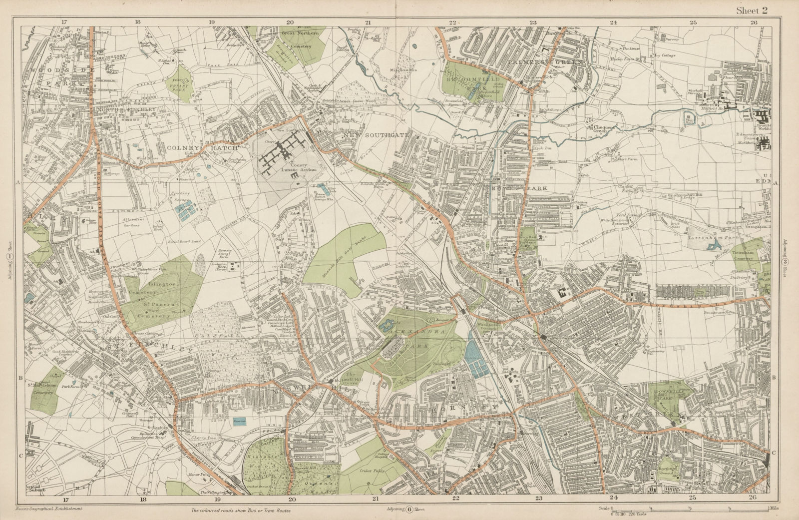 FRIERN BARNET/HORNSEY Palmers/Wood Green Southgate Muswell Hill. BACON  1919 map