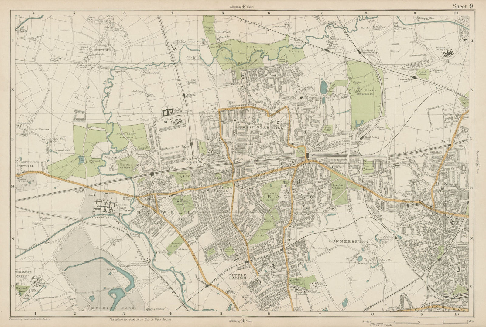 EALING/ACTON Greenford Hanwell Gunnersbury Perivale Hanger Lane. BACON  1919 map