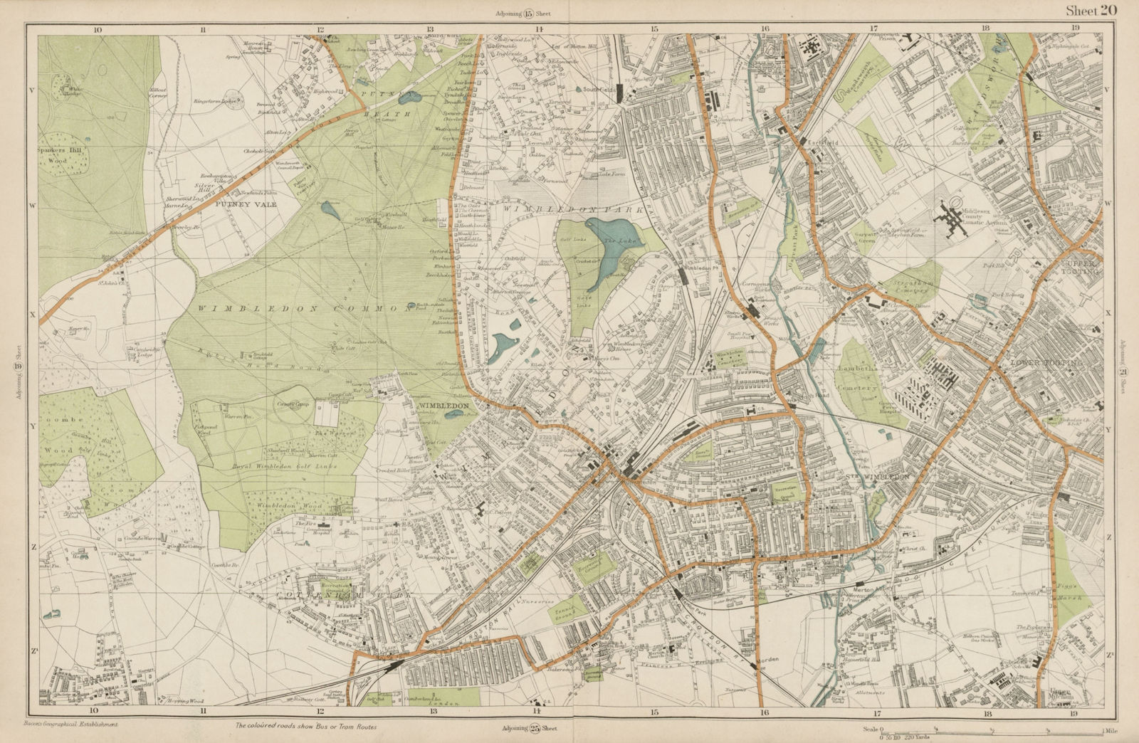WIMBLEDON Merton Tooting Putney Heath Southfields Cottenham Park BACON  1919 map