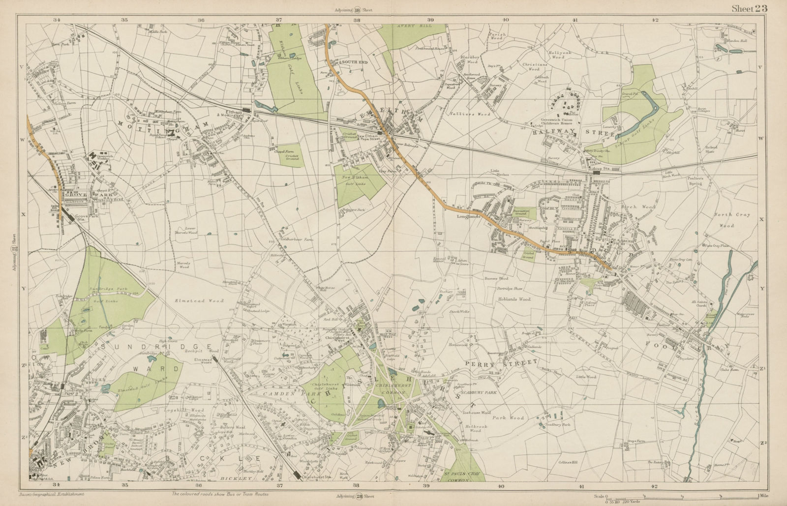 CHISLEHURST Eltham Mottingham Bromley Sidcup Foots Cray Catford. BACON  1919 map