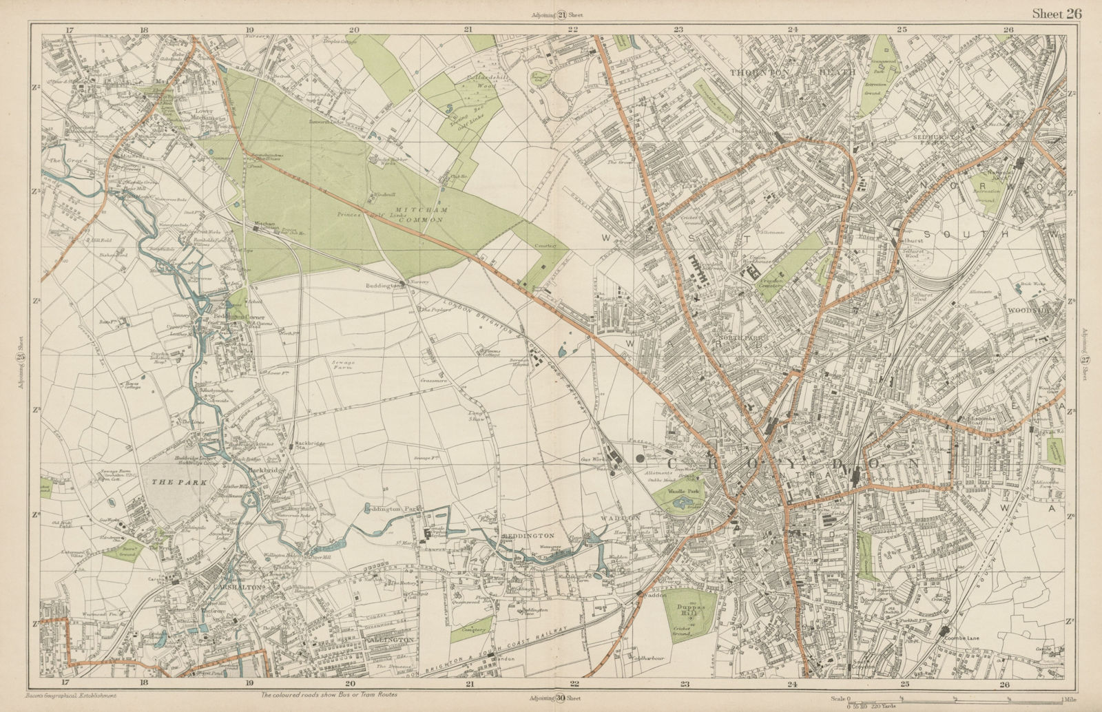 CROYDON Mitcham Carshalton Wallington Thornton Heath Beddington. BACON  1919 map