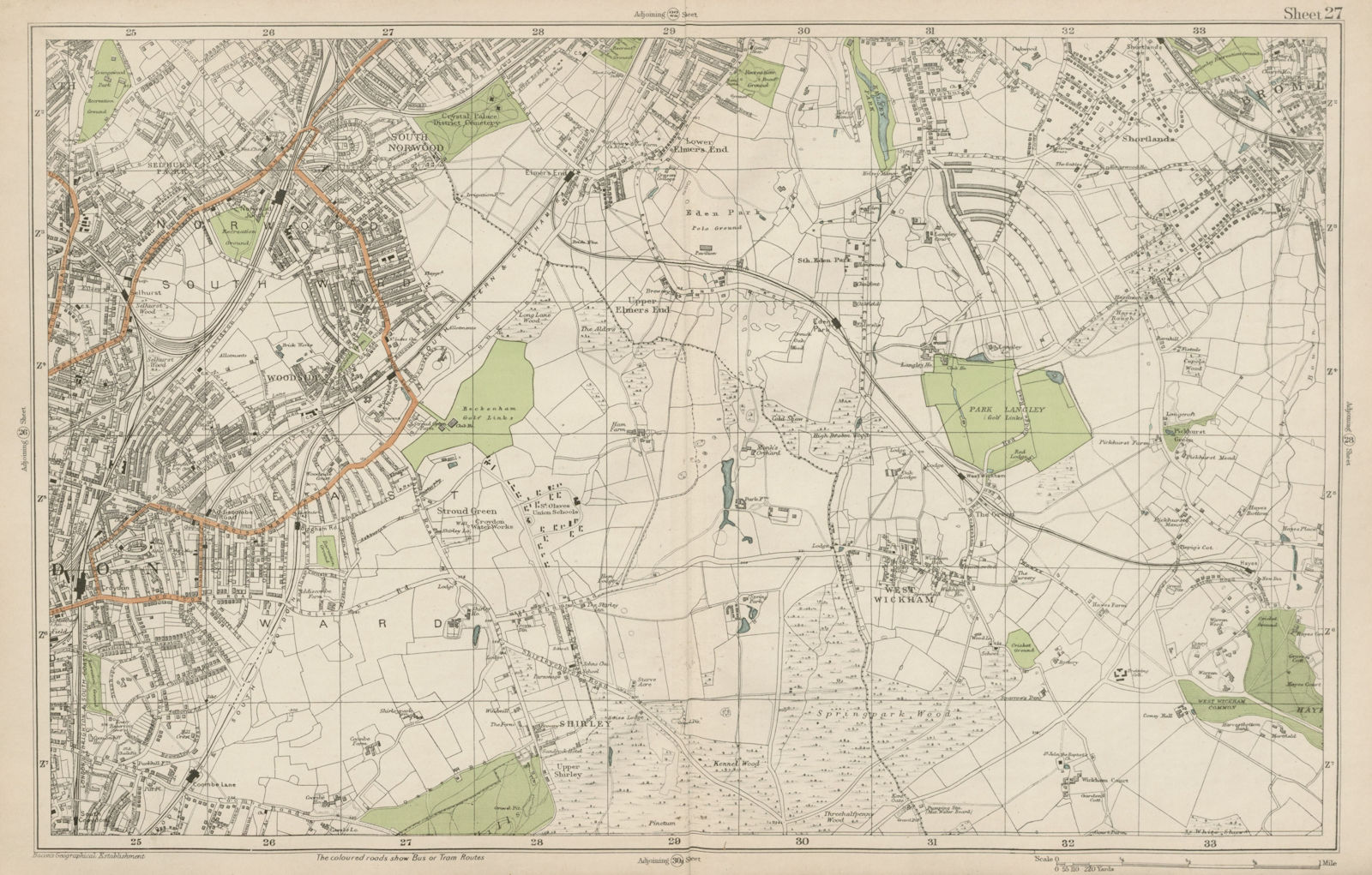 CROYDON Beckenham Woodside W Wickham Elmers End Norwood Hayes. BACON  1919 map