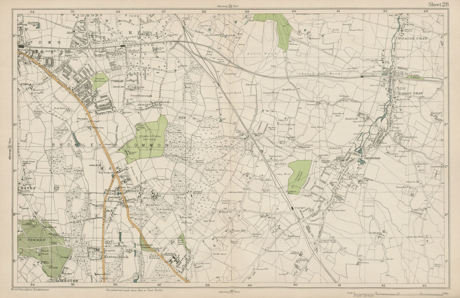 Associate Product BROMLEY & ORPINGTON Hayes Petts Wood Keston St Paul's Mary Cray. BACON  1919 map