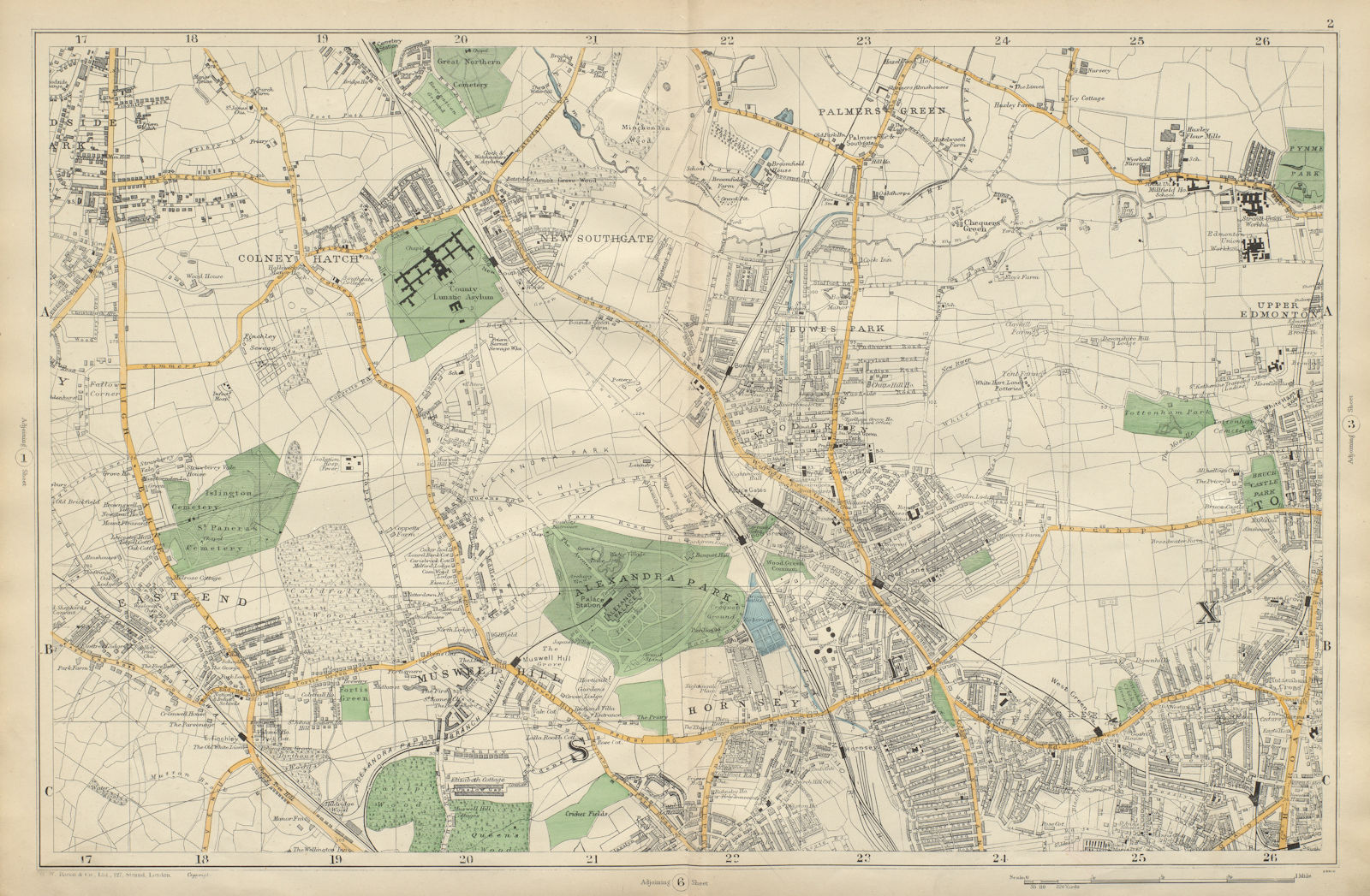 FRIERN BARNET/HORNSEY.Palmers/Wood Green,Southgate,Muswell Hill.BACON 1900 map