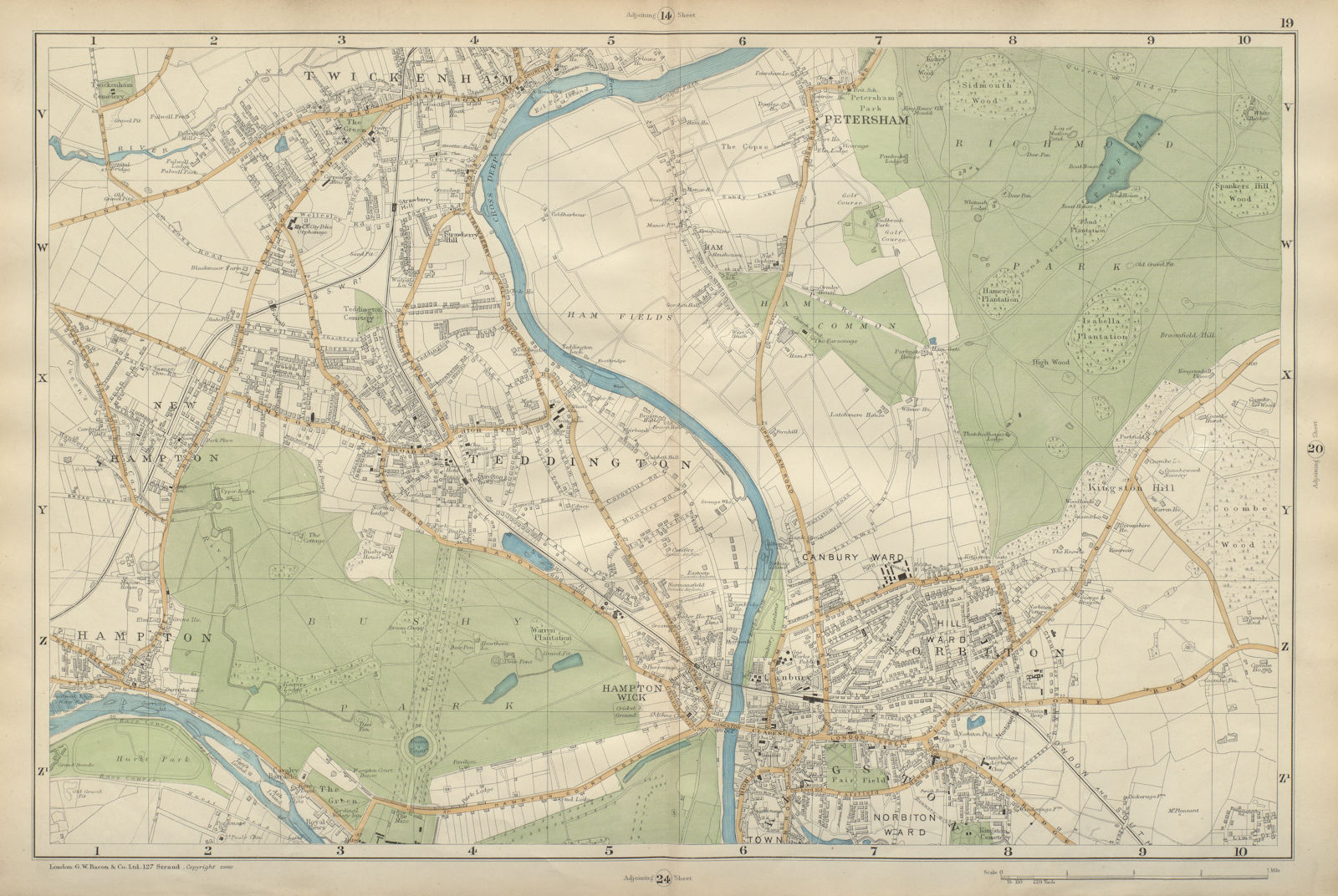SW LONDON Twickenham Kingston Teddington Hampton Richmond BACON 1900 old map